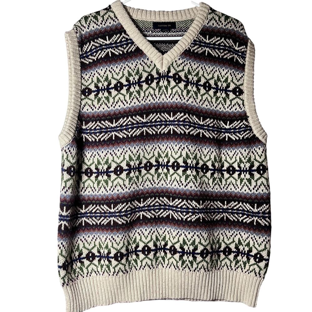 Cotton On L Fair Isle Sweater Vest Vintage Knit Retro Nordic Pullover Sleeveless